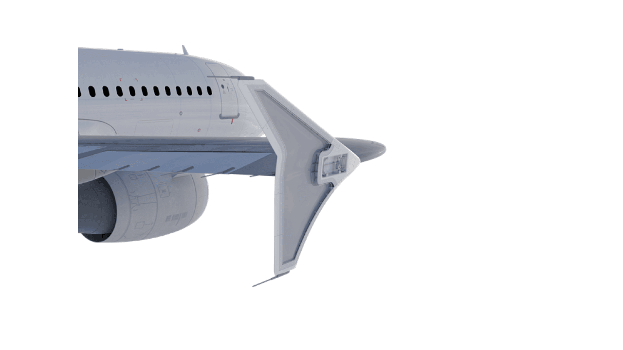 The figure shows the components of the Airbus A320 wingtip fence manufactured in AM (central mount/adapter and leading and trailing edges) and then glued (side panels in GRP sandwich construction, front side panel removed). Copyright by Pioneer Aeronautics Innovation GmbH