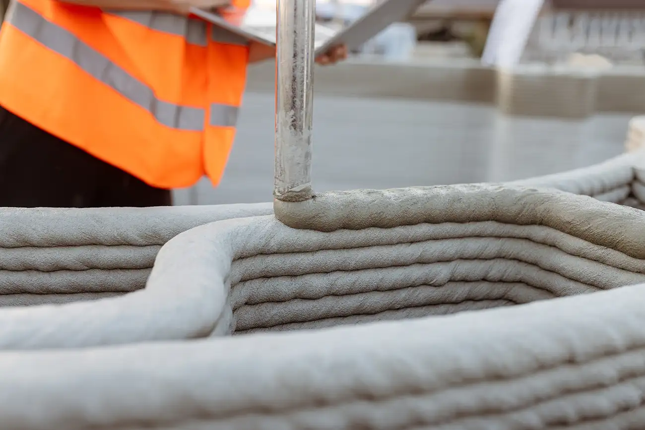 Close-up of a 3D printing process for concrete, in which layers of a structural element of a building are created. A worker in safety clothing monitors the process.