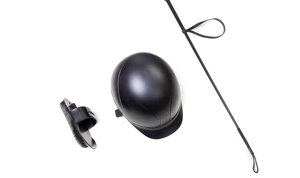 A black riding helmet, a riding crop and a rubber curry brush lie on a white background.