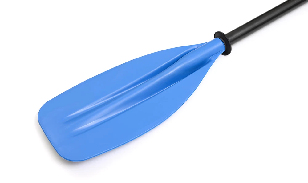 A paddle with a blue plastic blade and a black shaft lies on a white background.