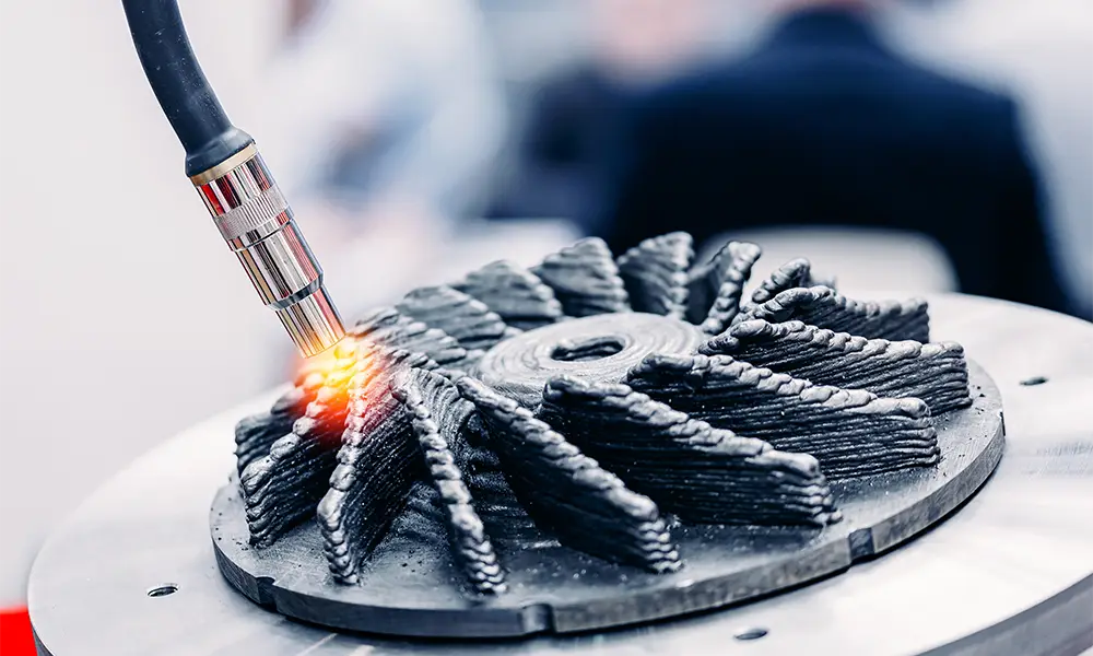 3D metal printing of a complex turbine blade, using an industrial laser to precisely deposit the layers of the component.