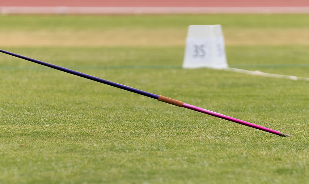 A spear is stuck diagonally into the grass of a sports field, with a track and a marking in the background.