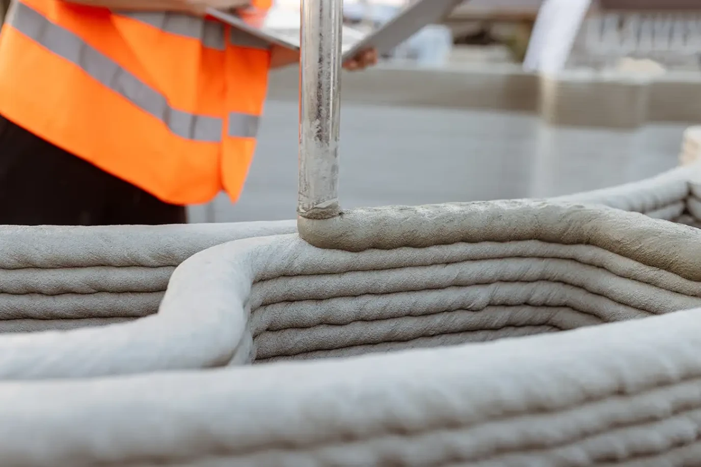 Nahaufnahme eines 3D-Druckverfahrens für Beton, bei dem Schichten eines Gebäudestrukturelements erstellt werden. Ein Arbeiter in Sicherheitskleidung überwacht den Prozess.